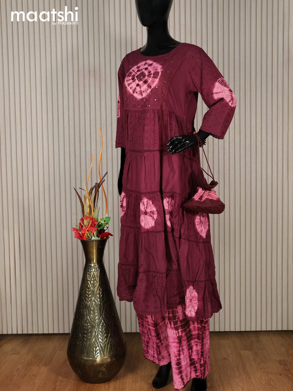 Cotton readymade tie & dye anarkali salwar suit deep maroon and light pink with hakoba work & palazzo pant and dupatta