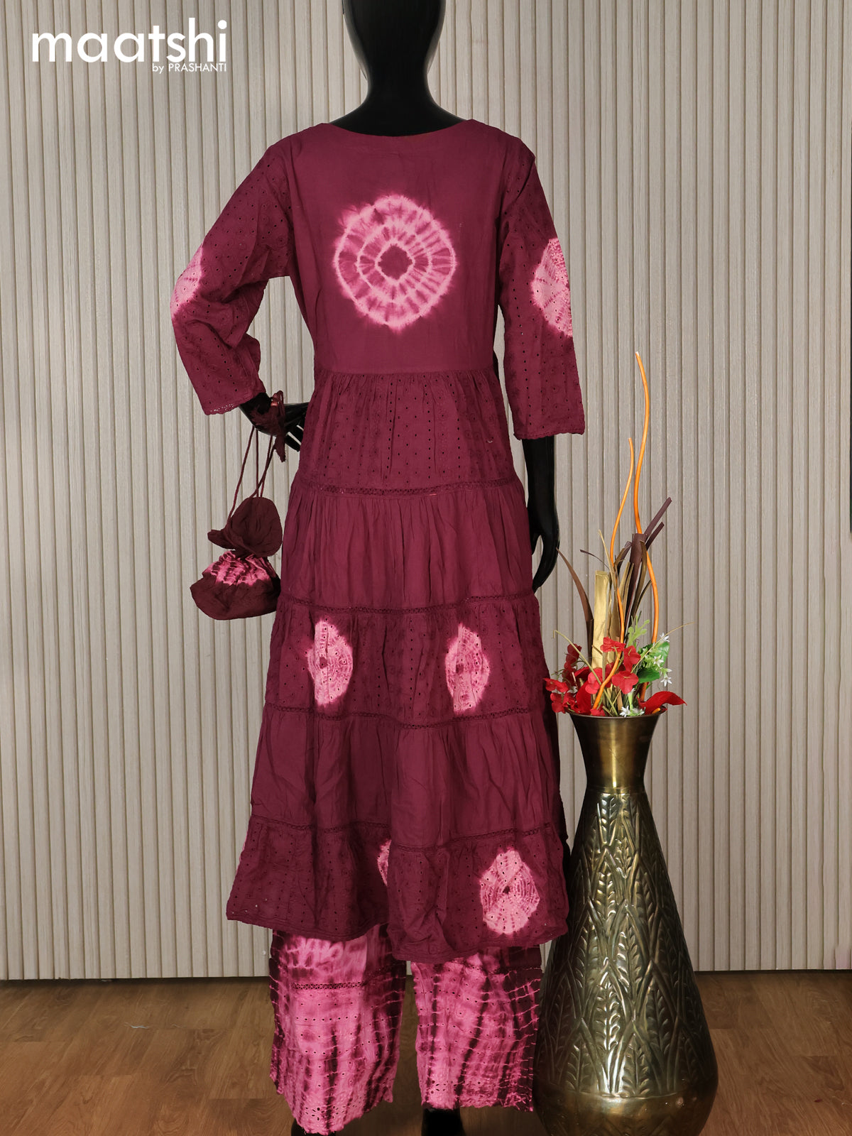 Cotton readymade tie & dye anarkali salwar suit deep maroon and light pink with hakoba work & palazzo pant and dupatta