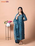 Muslin readymade naira cut salwar suit peacock blue with allover prints & mirror work neck pattern and straight cut pant & dupatta