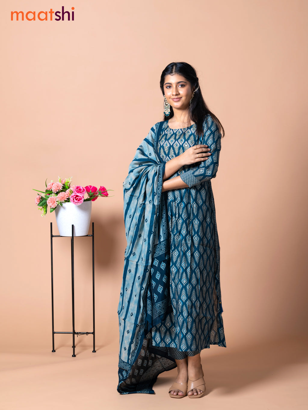 Muslin readymade naira cut salwar suit peacock blue with allover prints & mirror work neck pattern and straight cut pant & dupatta