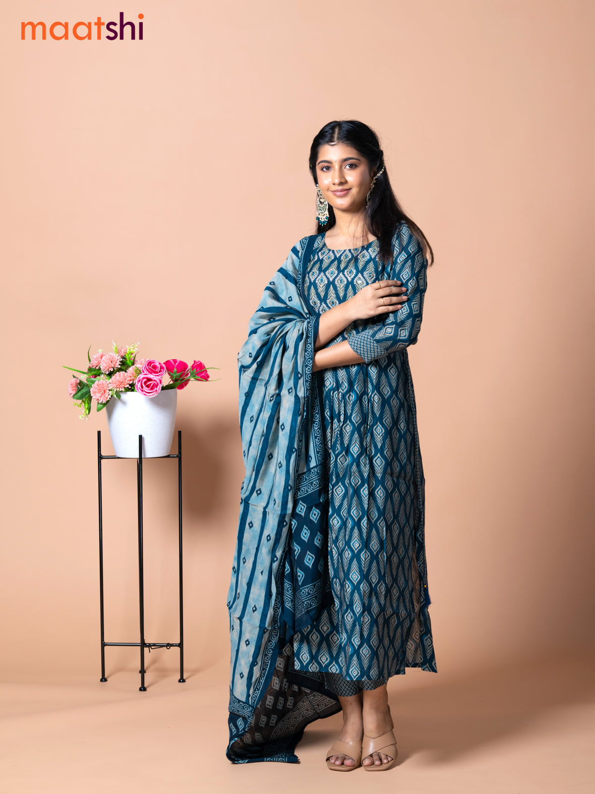 Muslin readymade naira cut salwar suit peacock blue with allover prints & mirror work neck pattern and straight cut pant & dupatta