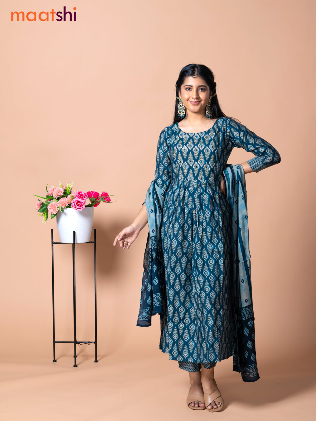 Muslin readymade naira cut salwar suit peacock blue with allover prints & mirror work neck pattern and straight cut pant & dupatta