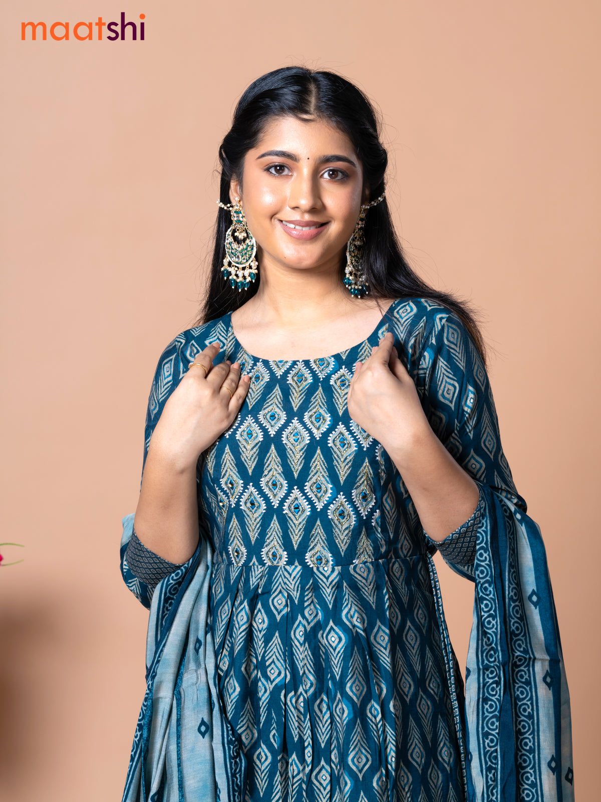 Muslin readymade naira cut salwar suit peacock blue with allover prints & mirror work neck pattern and straight cut pant & dupatta