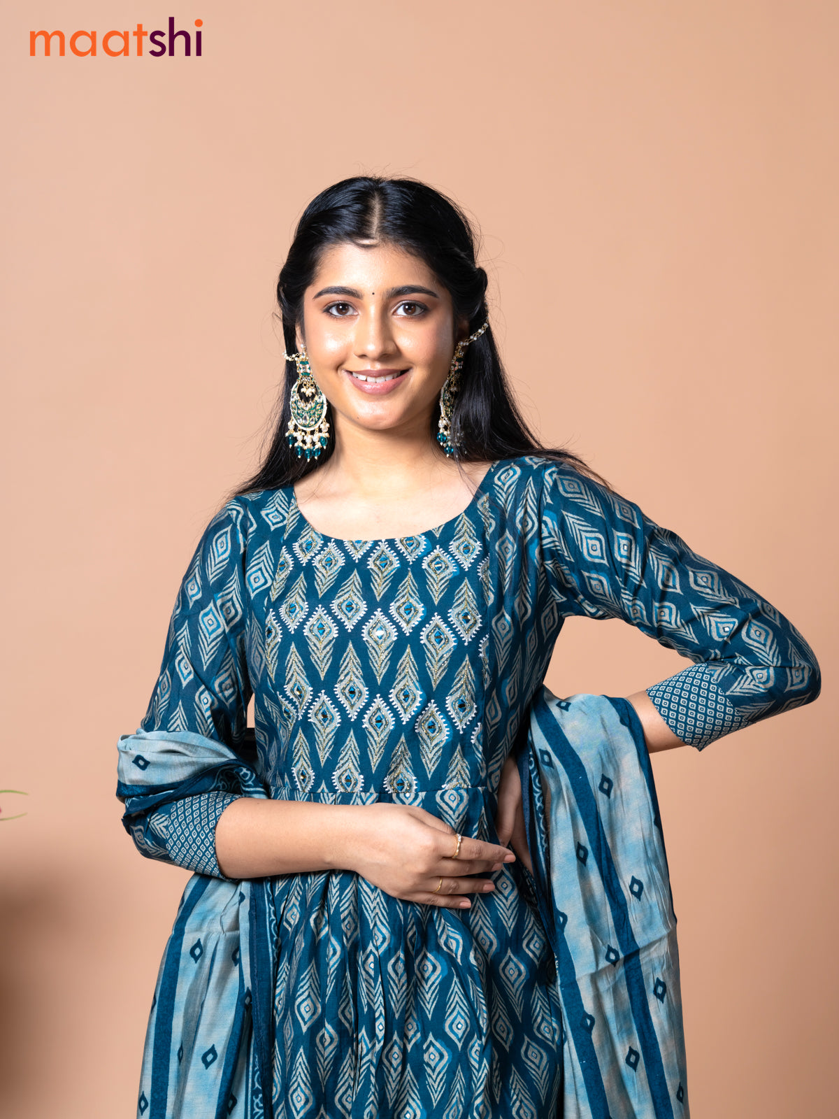 Muslin readymade naira cut salwar suit peacock blue with allover prints & mirror work neck pattern and straight cut pant & dupatta