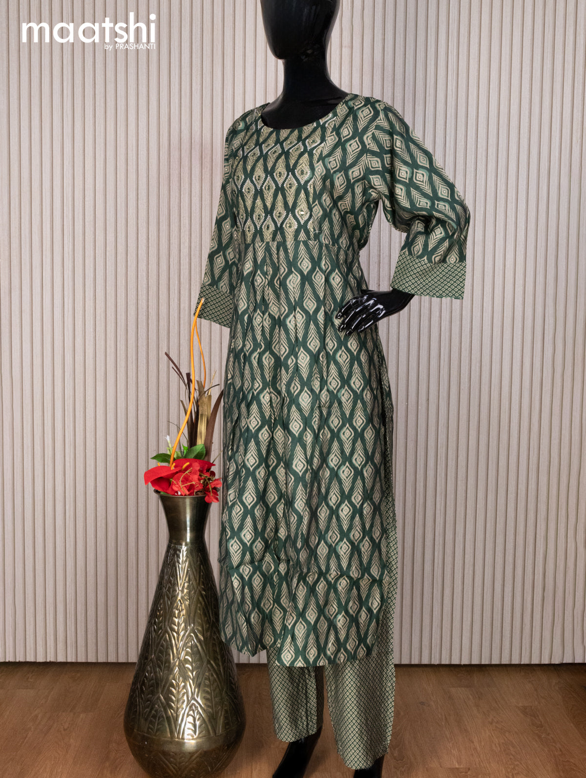 Muslin readymade naira cut salwar suit green with allover prints & mirror work neck pattern and straight cut pant & dupatta