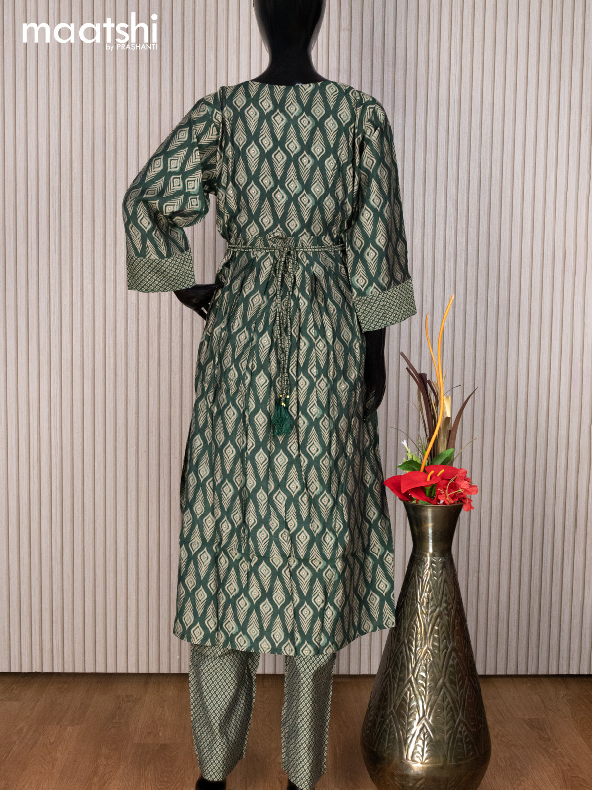 Muslin readymade naira cut salwar suit green with allover prints & mirror work neck pattern and straight cut pant & dupatta
