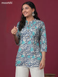 Cotton readymade short kurti grey and light blue with allover floral prints & simple work neck pattern without pant