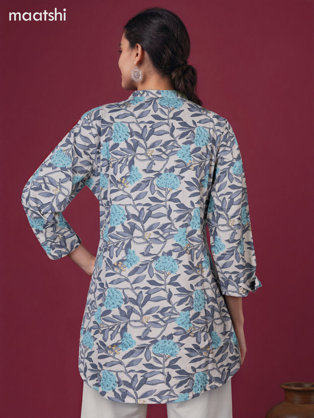 Cotton readymade short kurti grey and light blue with allover floral prints & simple work neck pattern without pant