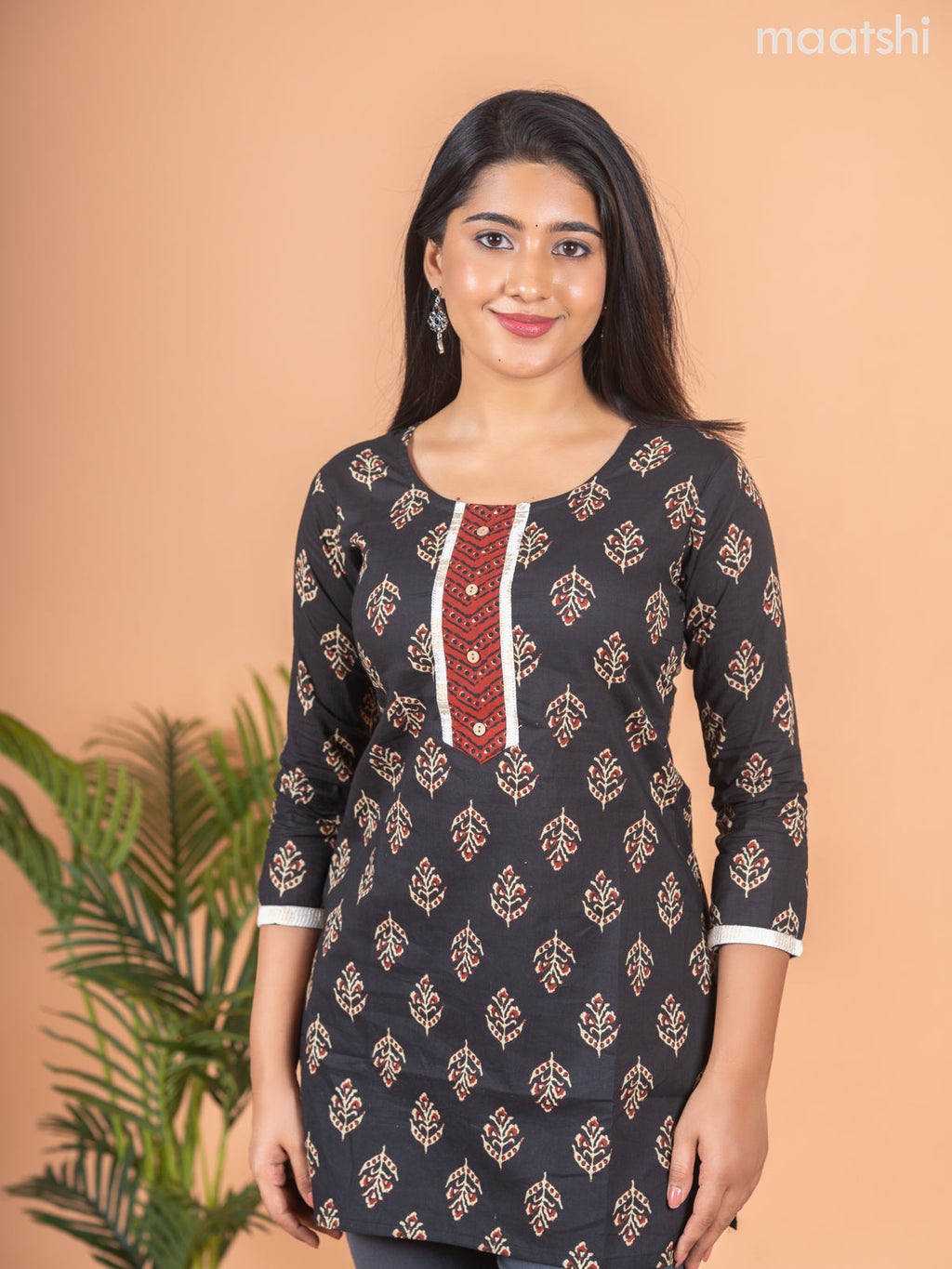 Cotton readymade short kurti black and maroon beige with allover butta prints & simple neck pattern without pant