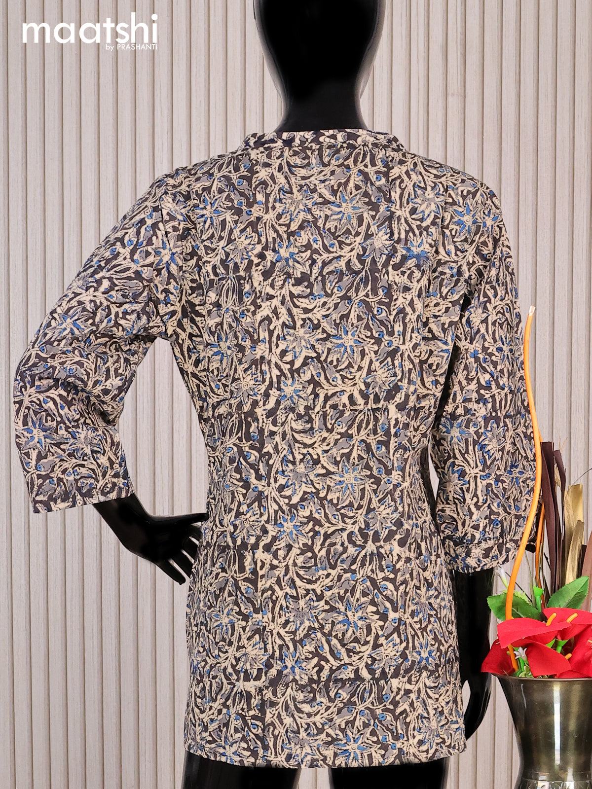 Cotton readymade short kurti beige and black with allover kalamkari prints sequin work & simple neck pattern without pant