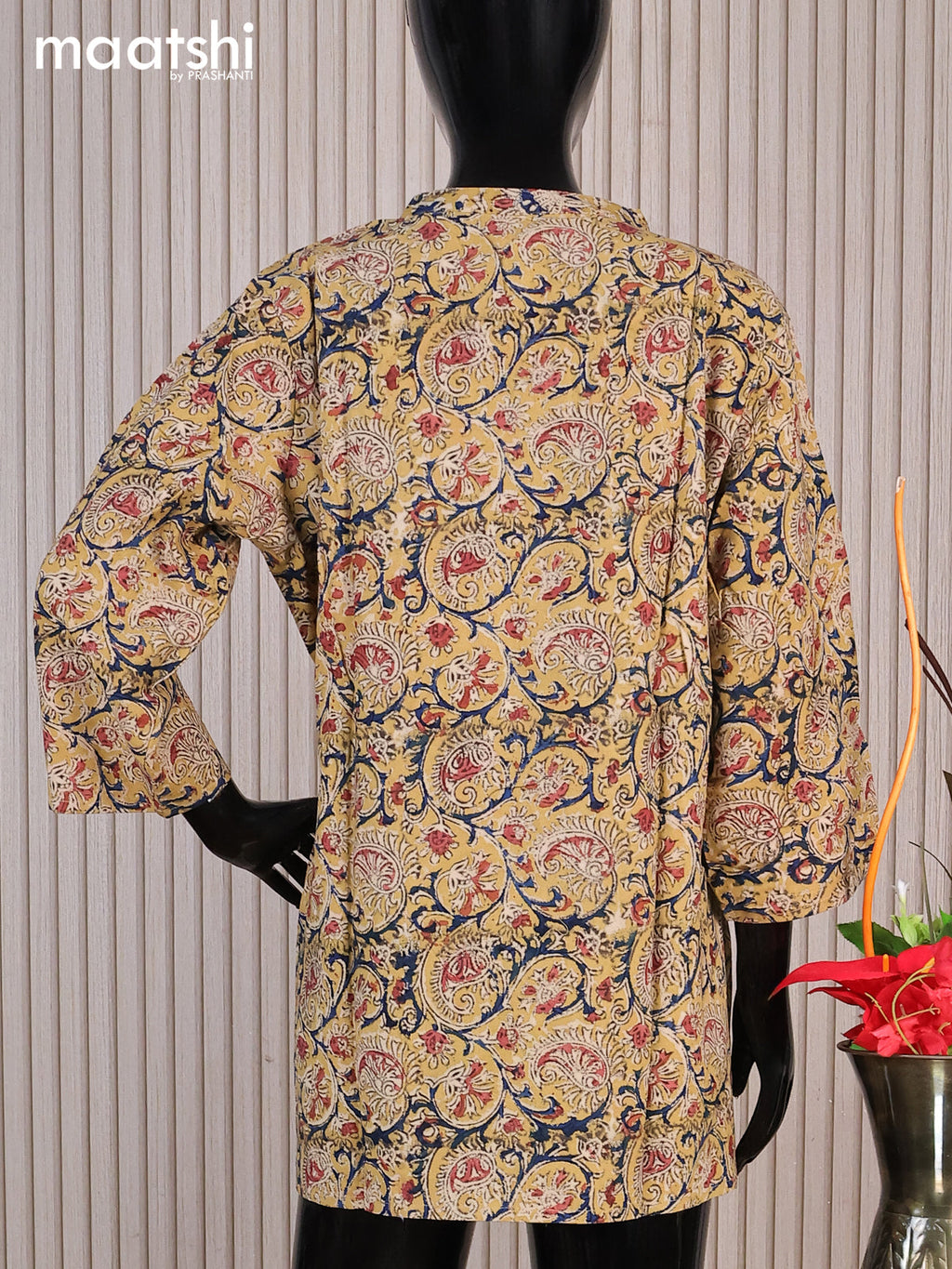 Cotton readymade short kurti yellow shade and multi colour with allover kalamkari prints sequin work & simple neck pattern without pant