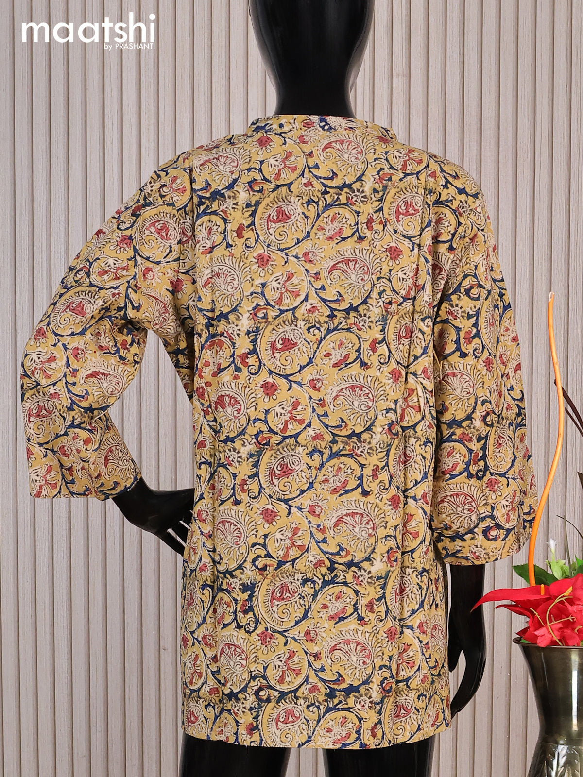 Cotton readymade short kurti yellow shade and multi colour with allover kalamkari prints sequin work & simple neck pattern without pant