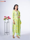 Cotton readymade salwar suit lime yellow and light blue with allover floral prints & embroidery mirror work neck pattern and straight cut pant & dupatta