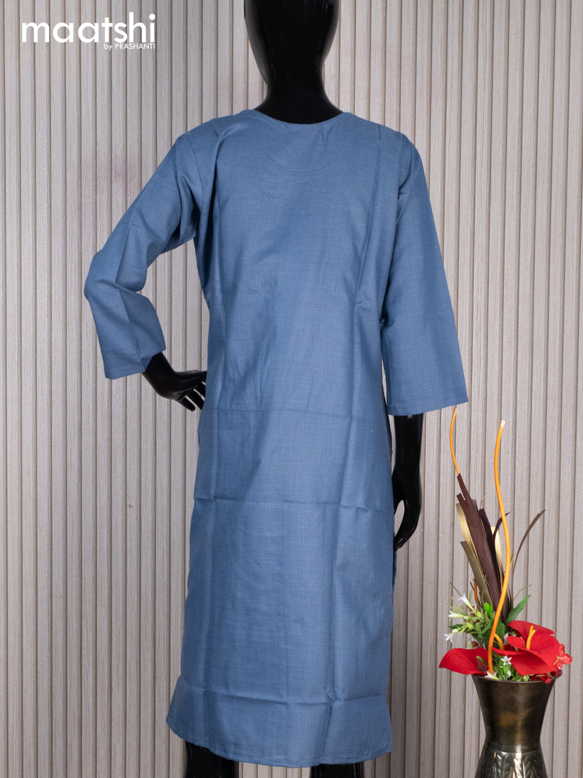 Rayon readymade kurti blue with allover prints & embroidery work neck pattern without pant