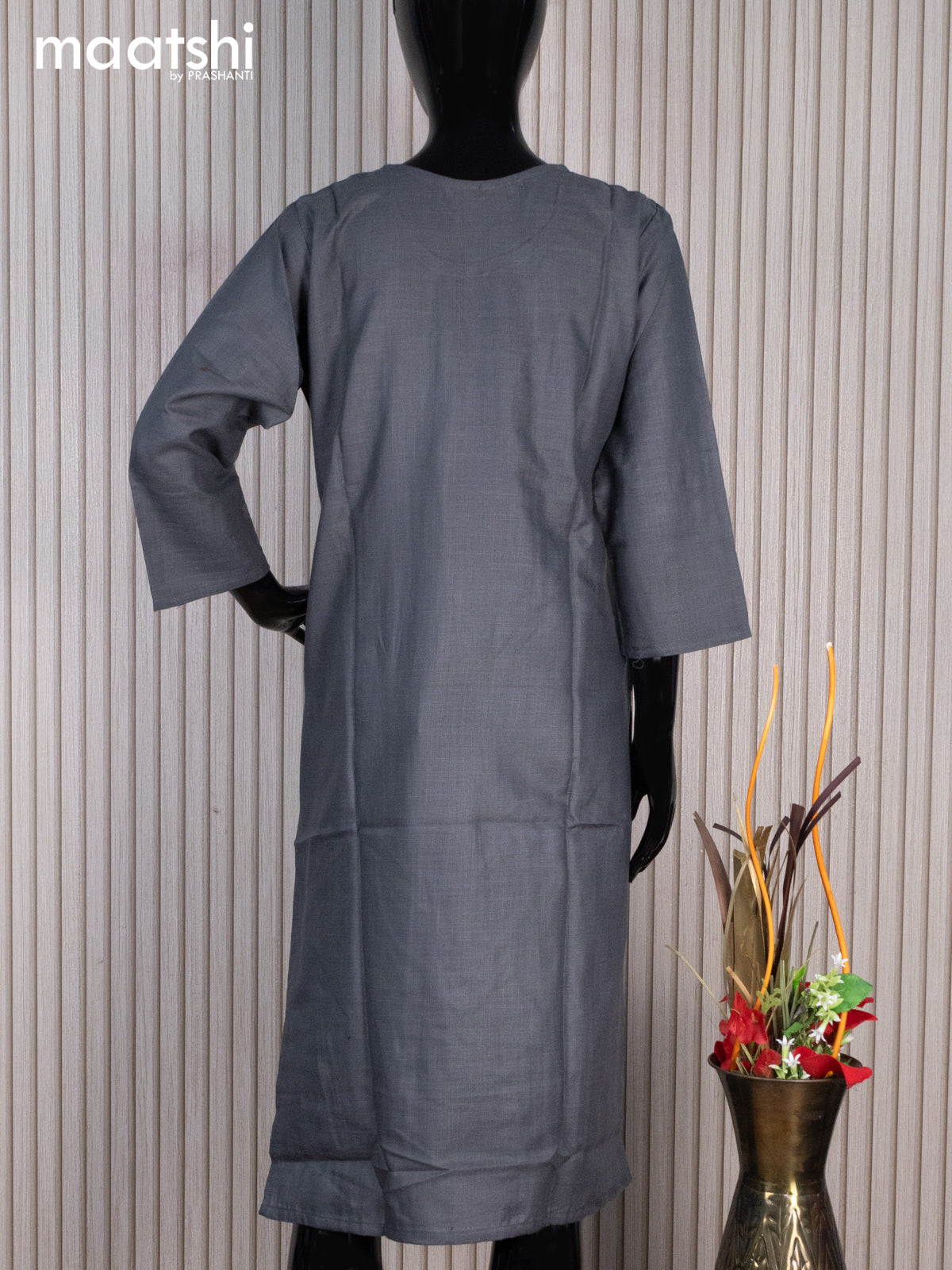 Rayon readymade kurti grey with allover prints mirror work & simple neck pattern without pant