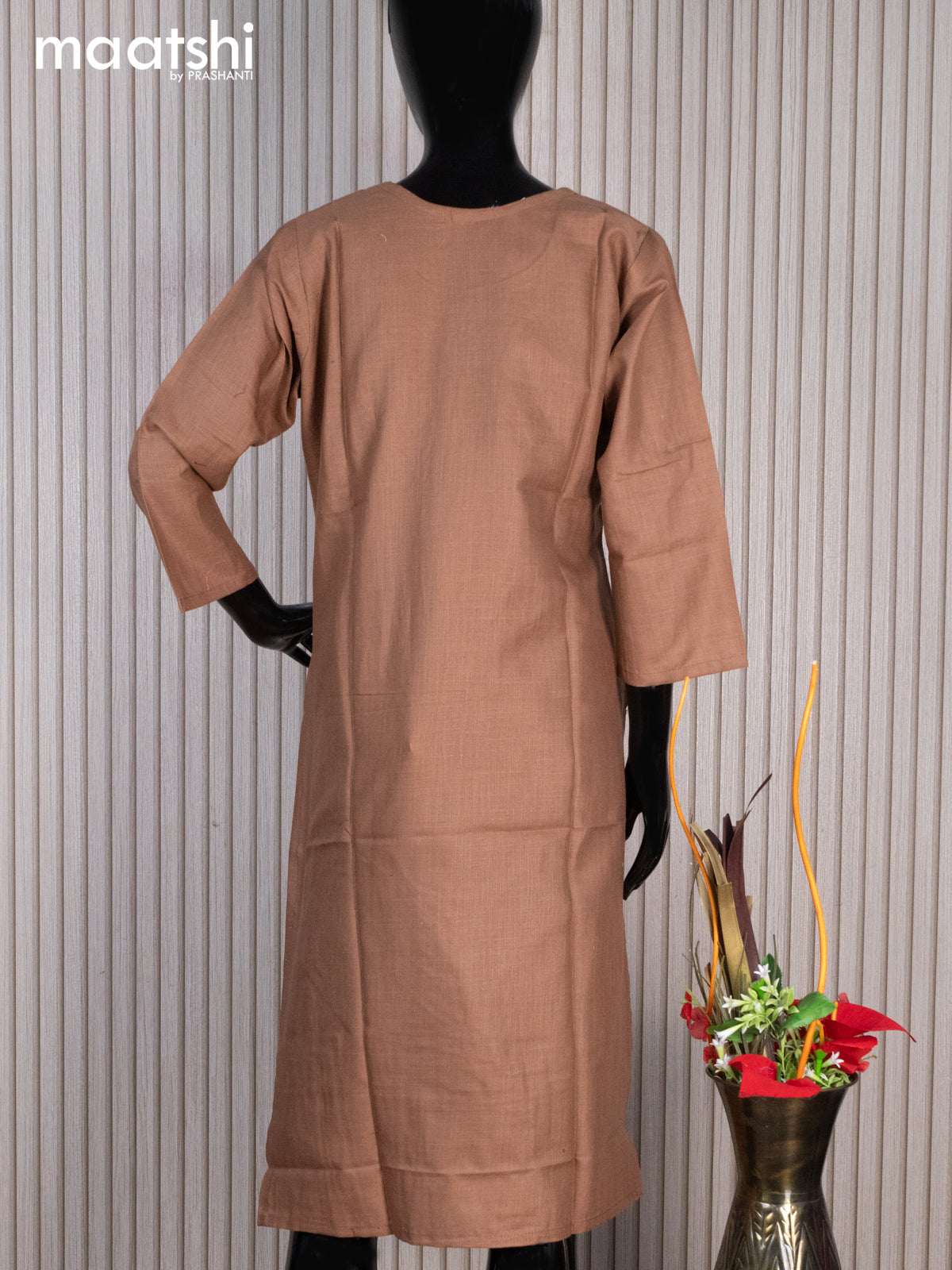Rayon readymade kurti brown with allover prints mirror work & simple neck pattern without pant