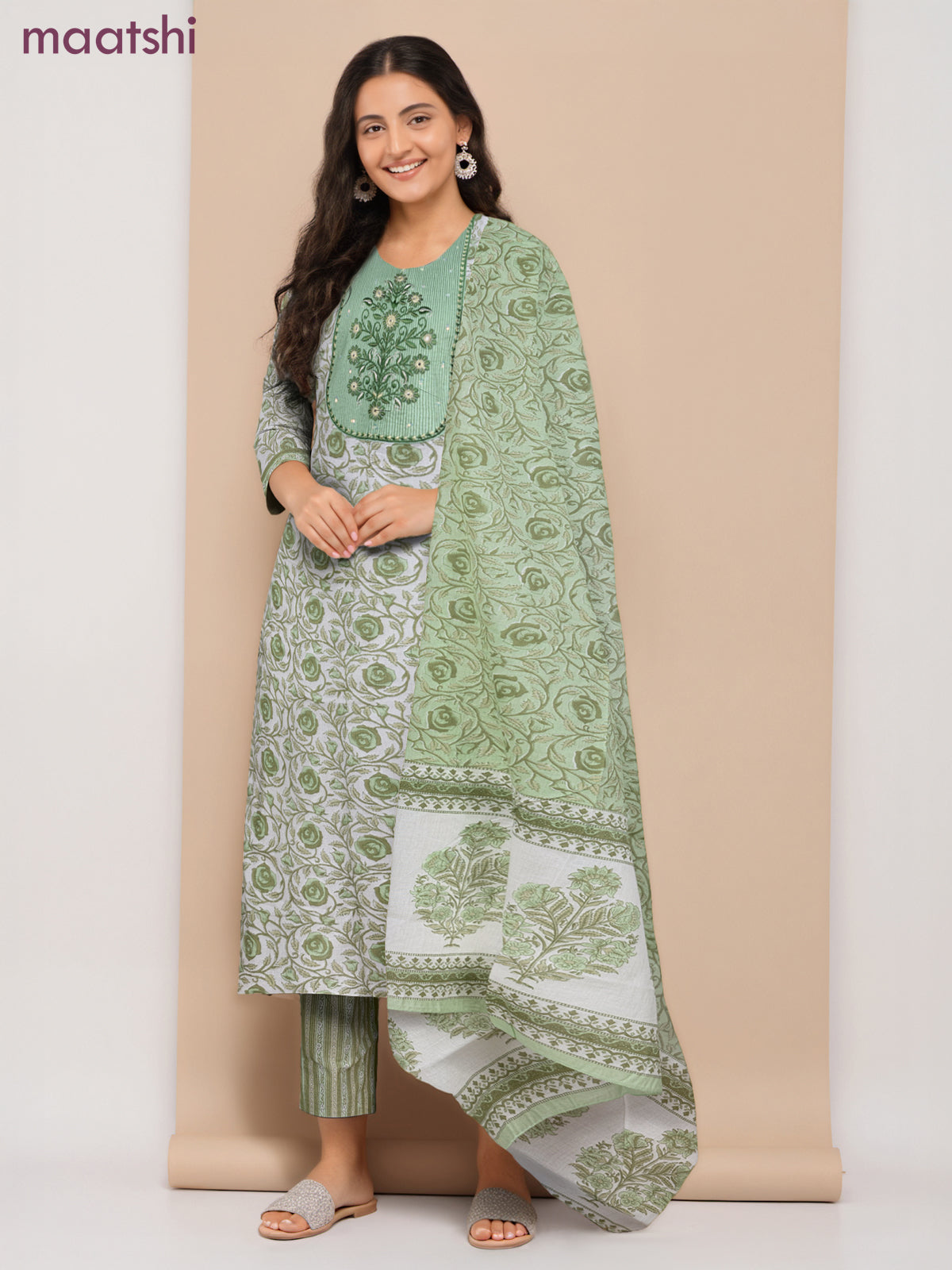 Cotton readymade salwar suit off white and light green with allover floral butta prints & sequin embroidery work neck pattern and straight cut pant & dupatta