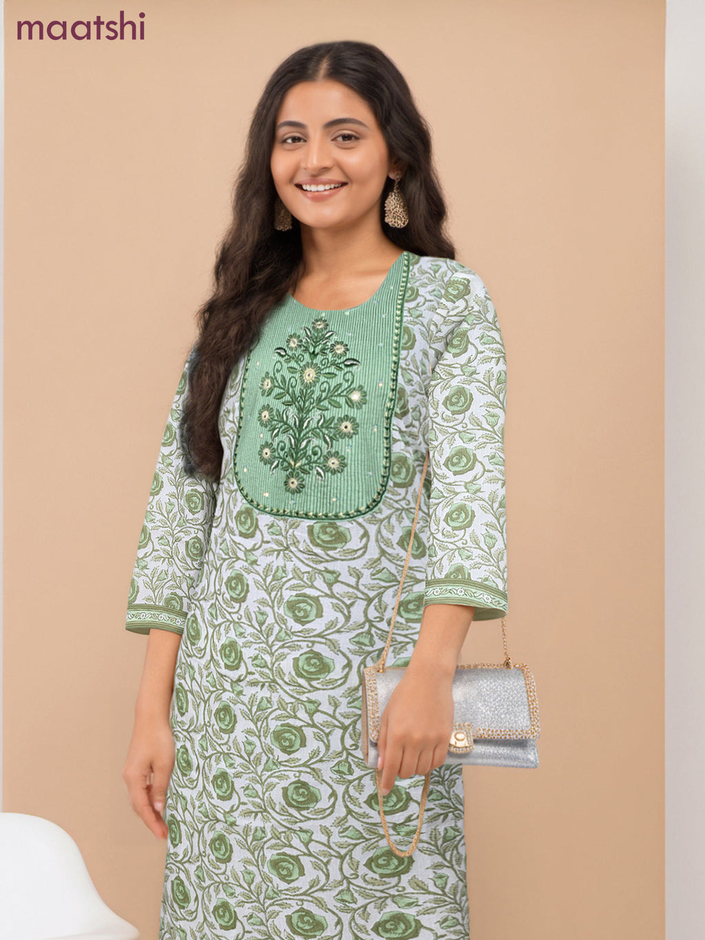 Cotton readymade salwar suit off white and light green with allover floral butta prints & sequin embroidery work neck pattern and straight cut pant & dupatta