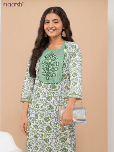 Cotton readymade salwar suit off white and light green with allover floral butta prints & sequin embroidery work neck pattern and straight cut pant & dupatta