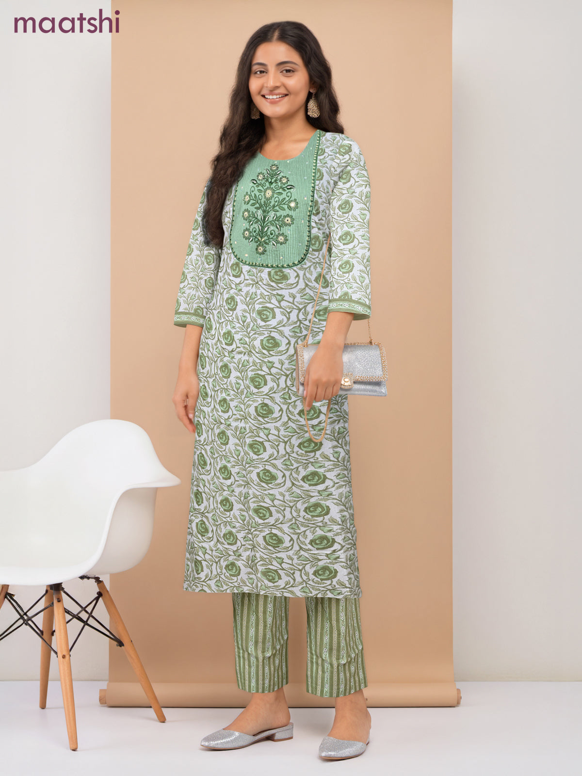 Cotton readymade salwar suit off white and light green with allover floral butta prints & sequin embroidery work neck pattern and straight cut pant & dupatta