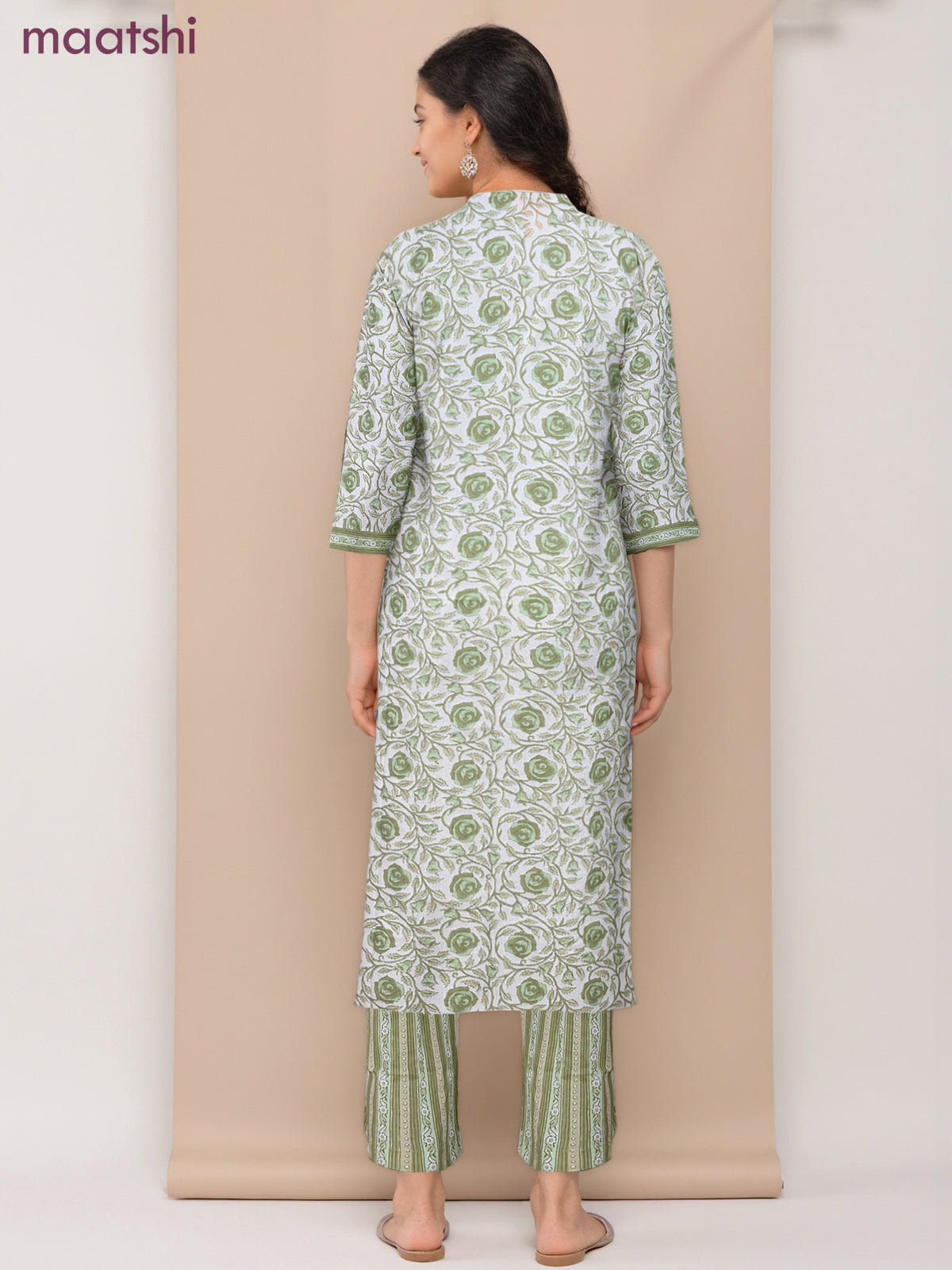 Cotton readymade salwar suit off white and light green with allover floral butta prints & sequin embroidery work neck pattern and straight cut pant & dupatta