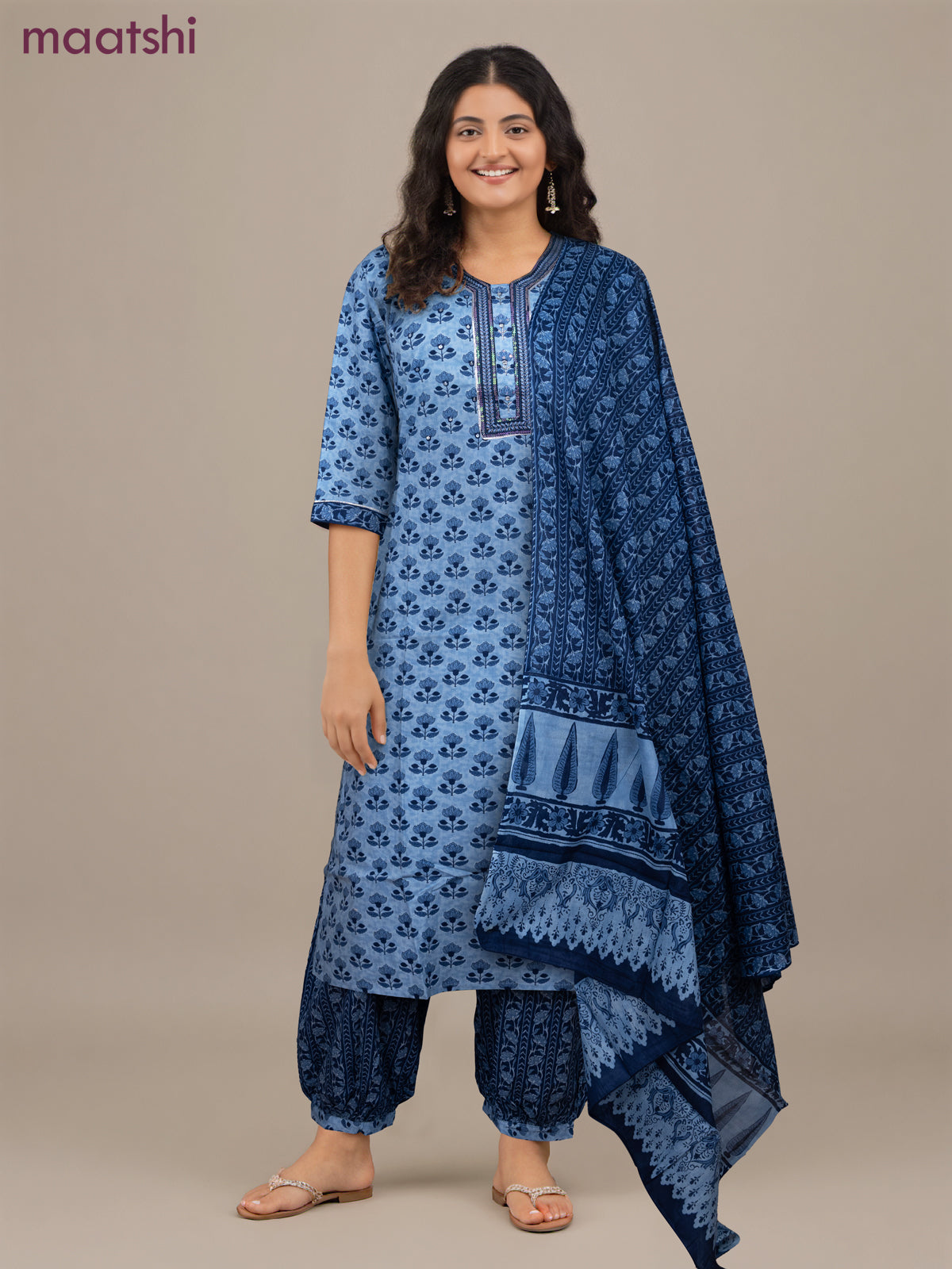 Cotton readymade salwar suit blue with allover floral butta prints & sequin embroidery work neck pattern and straight cut pant & dupatta