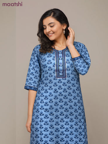 Cotton readymade salwar suit blue with allover floral butta prints & sequin embroidery work neck pattern and straight cut pant & dupatta