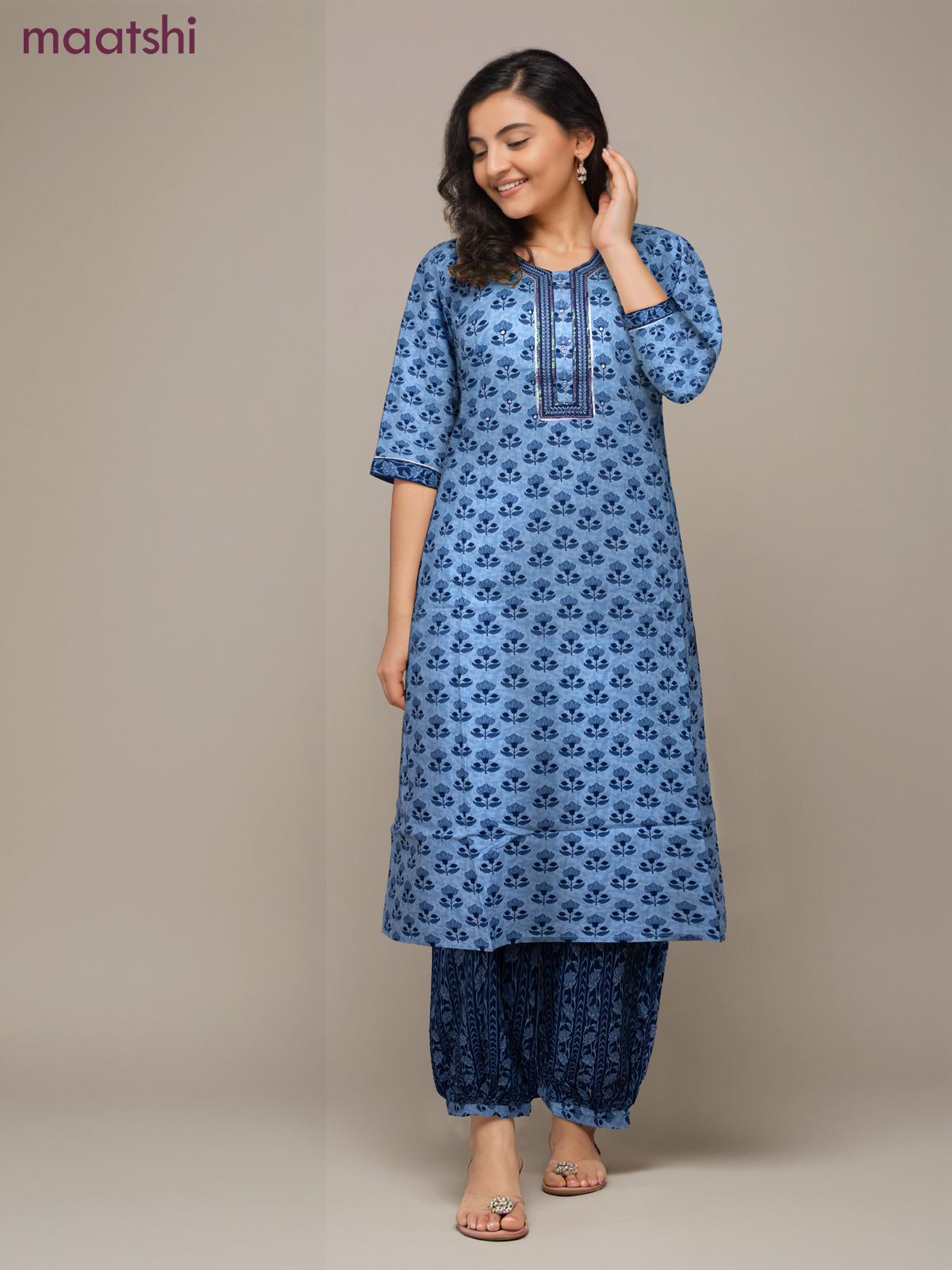 Cotton readymade salwar suit blue with allover floral butta prints & sequin embroidery work neck pattern and straight cut pant & dupatta
