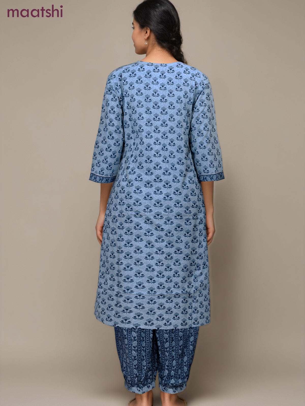 Cotton readymade salwar suit blue with allover floral butta prints & sequin embroidery work neck pattern and straight cut pant & dupatta