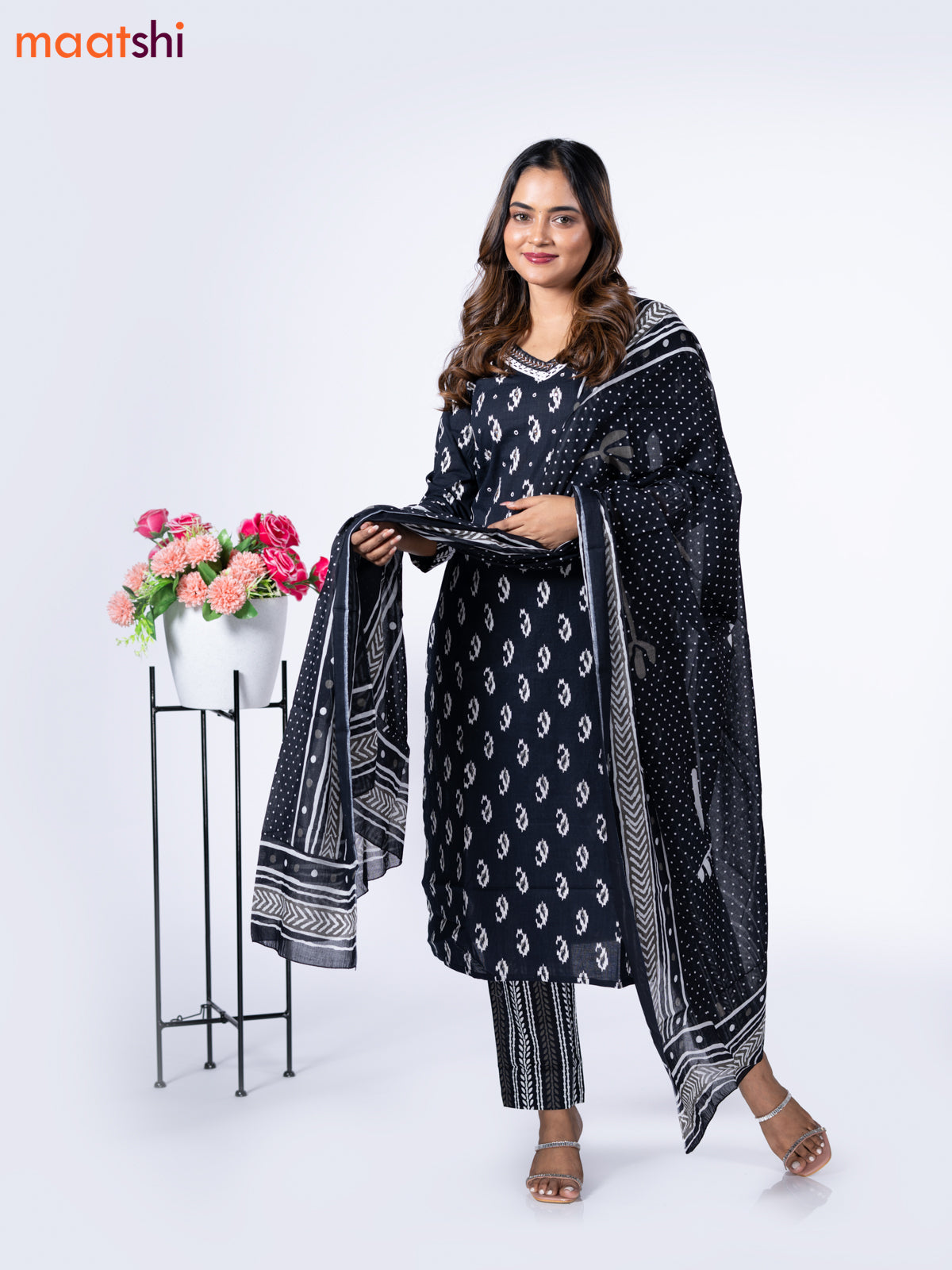 Cotton readymade salwar suit black and white with allover ikat butta prints mirror work & lace work v neck pattern and straight cut pant & dupatta