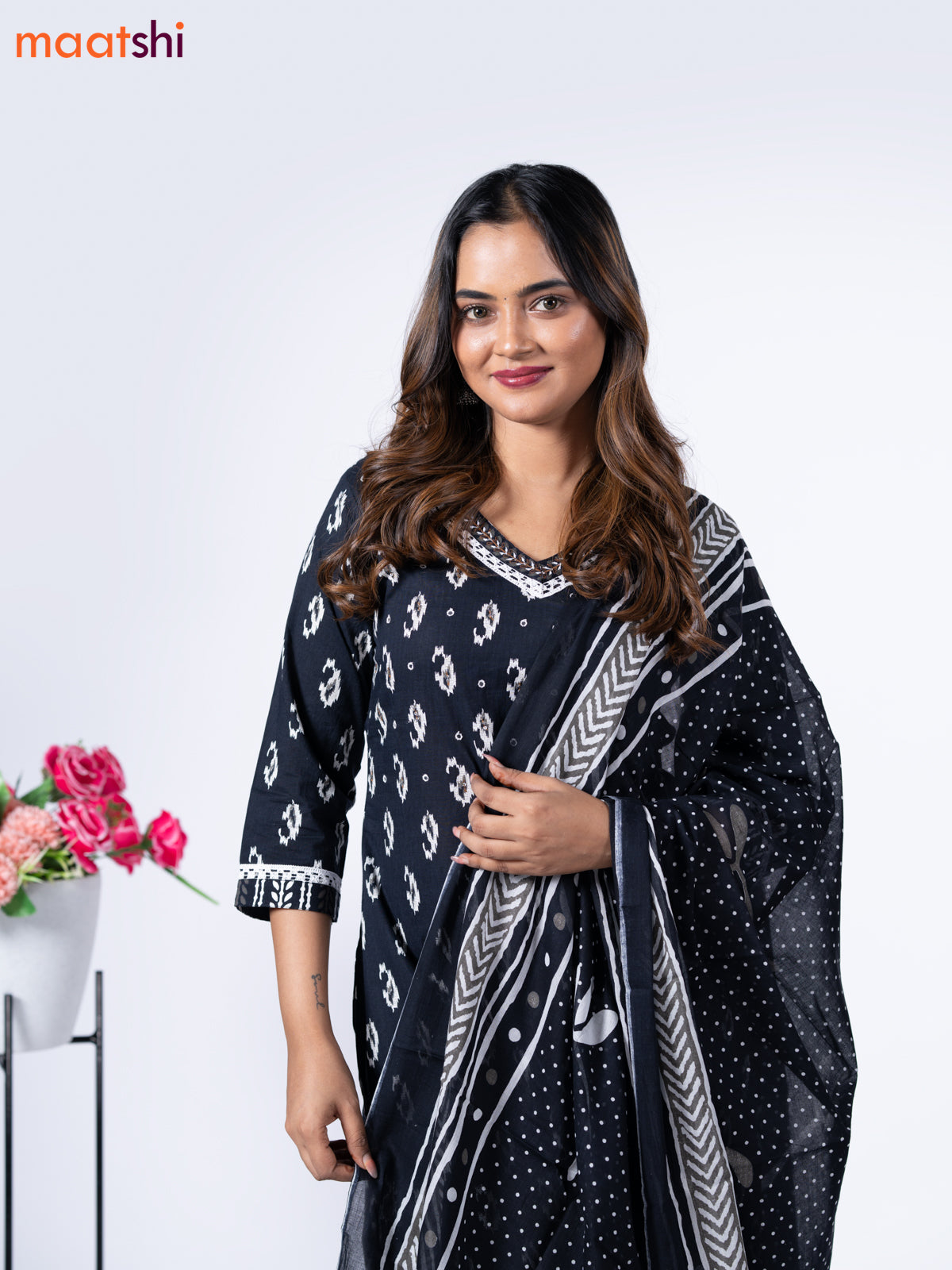 Cotton readymade salwar suit black and white with allover ikat butta prints mirror work & lace work v neck pattern and straight cut pant & dupatta