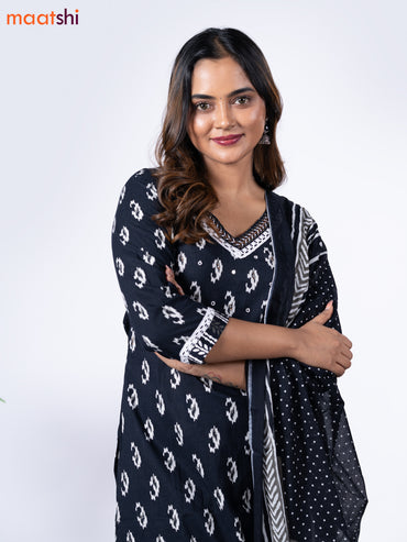 Cotton readymade salwar suit black and white with allover ikat butta prints mirror work & lace work v neck pattern and straight cut pant & dupatta