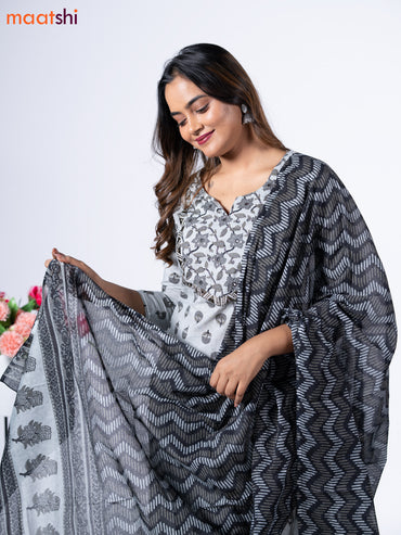 Cotton readymade salwar suit grey and black with floral butta prints & sequin mirror work neck pattern and straight cut pant & dupatta