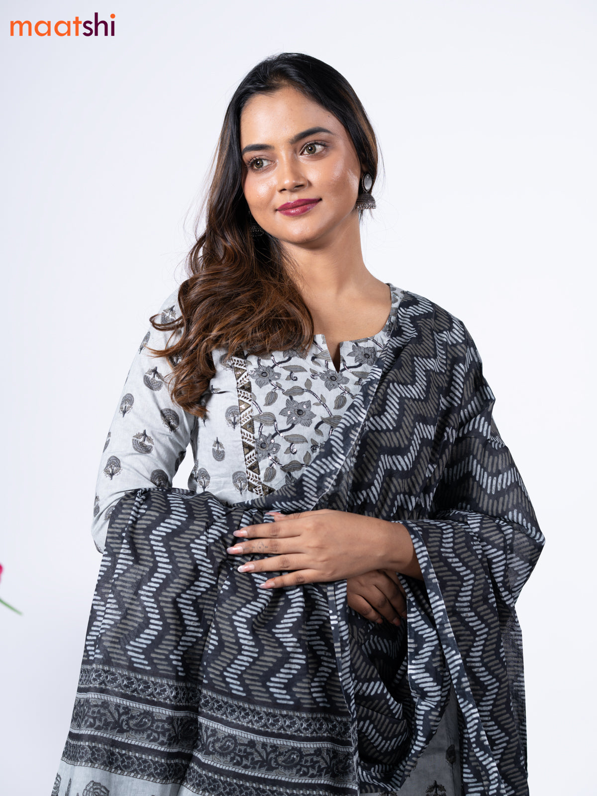 Cotton readymade salwar suit grey and black with floral butta prints & sequin mirror work neck pattern and straight cut pant & dupatta