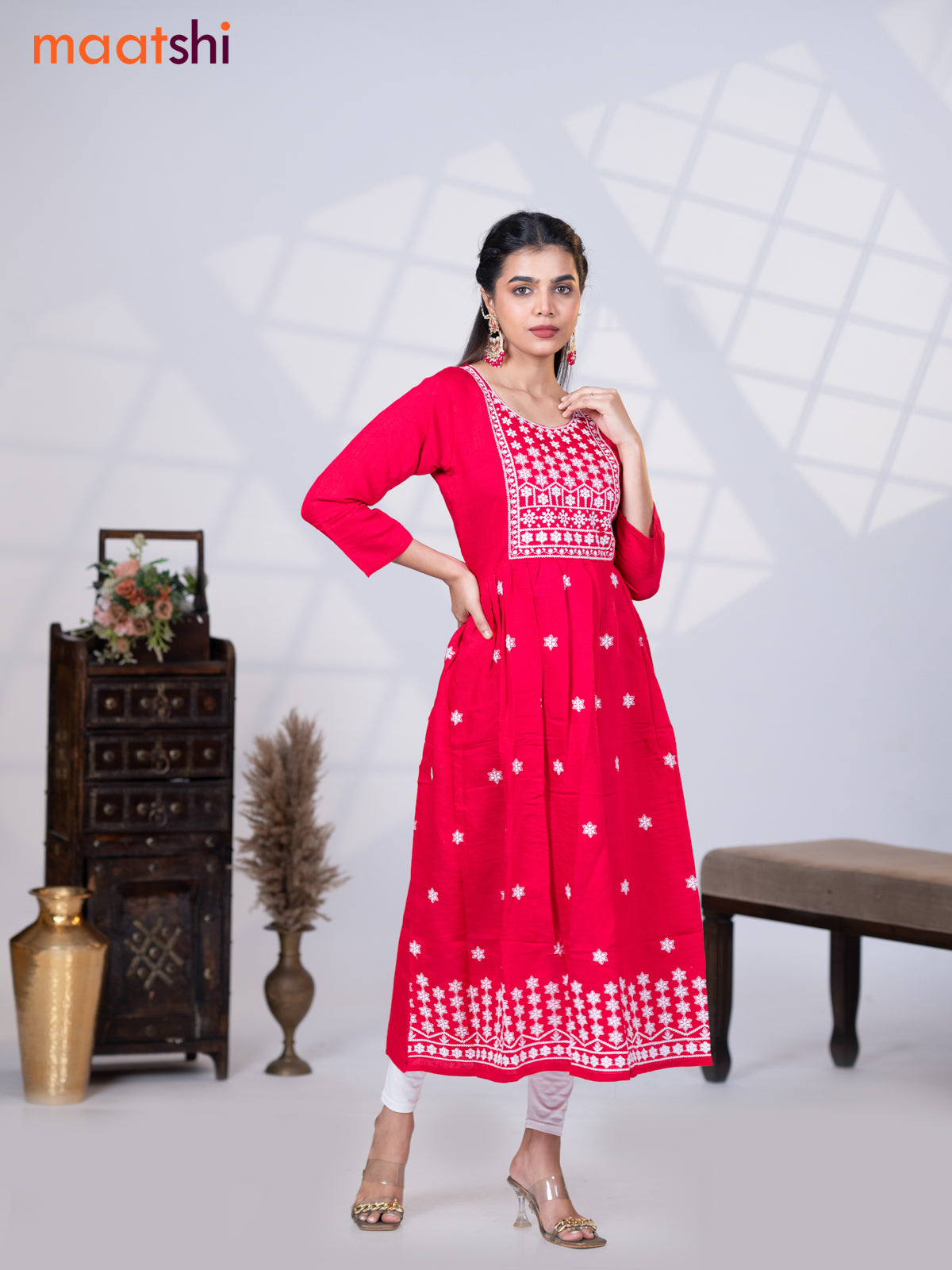 Rayon readymade umbrella kurti dark pink with floral embroidery butta & embroidery work neck pattern without pant