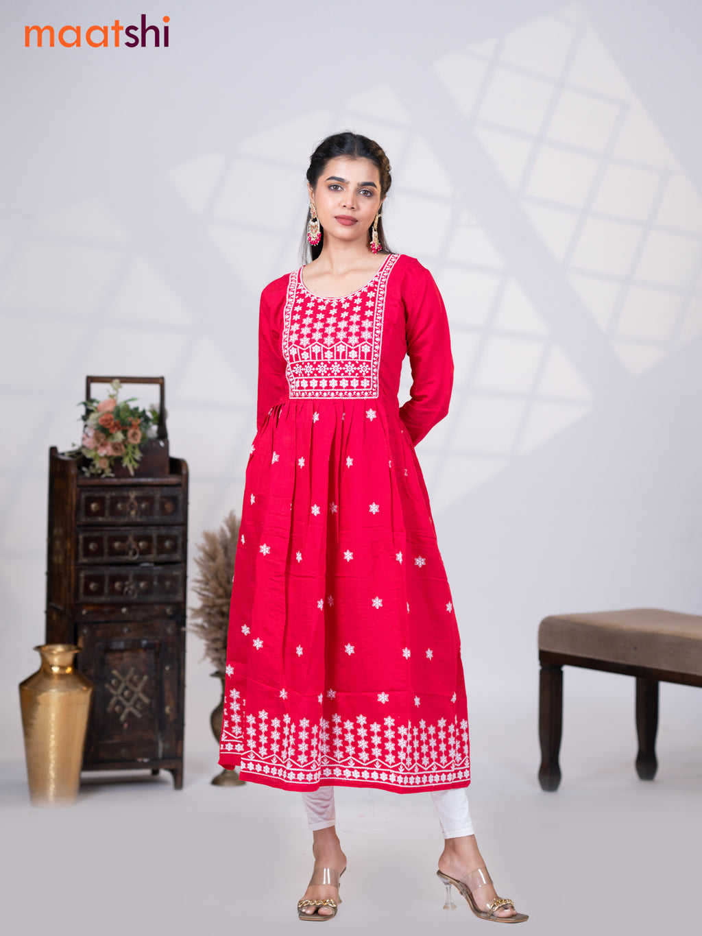 Rayon readymade umbrella kurti dark pink with floral embroidery butta & embroidery work neck pattern without pant