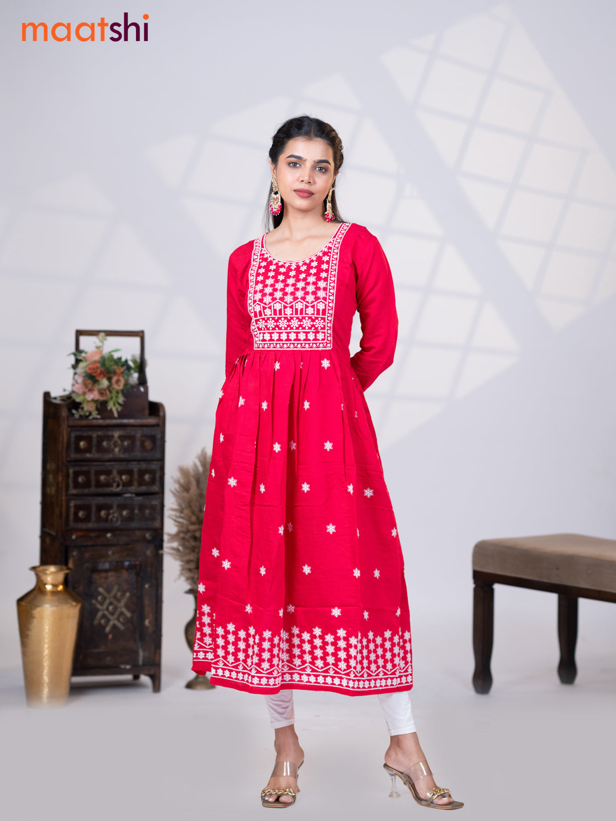 Rayon readymade umbrella kurti dark pink with floral embroidery butta & embroidery work neck pattern without pant