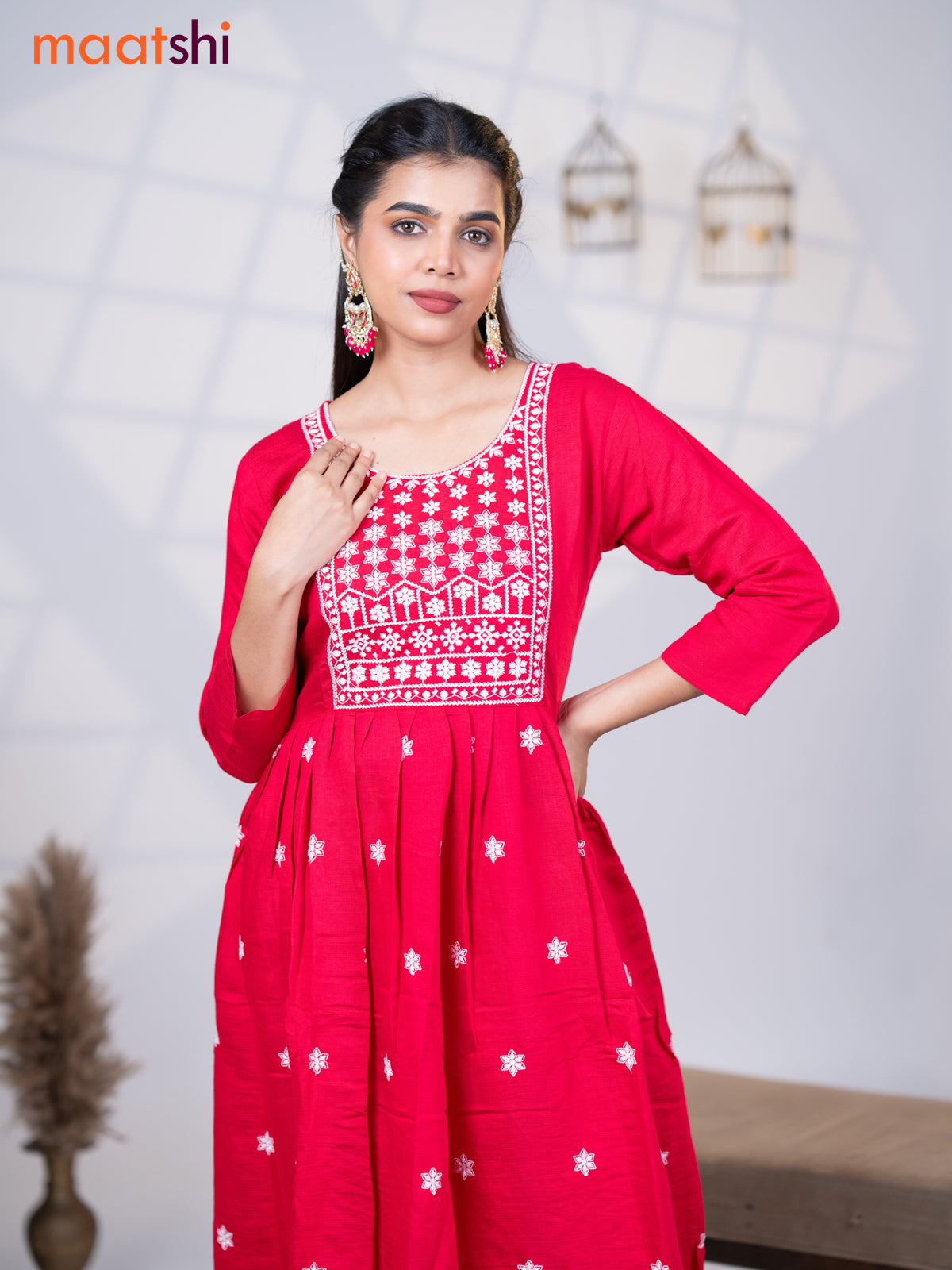 Rayon readymade umbrella kurti dark pink with floral embroidery butta & embroidery work neck pattern without pant
