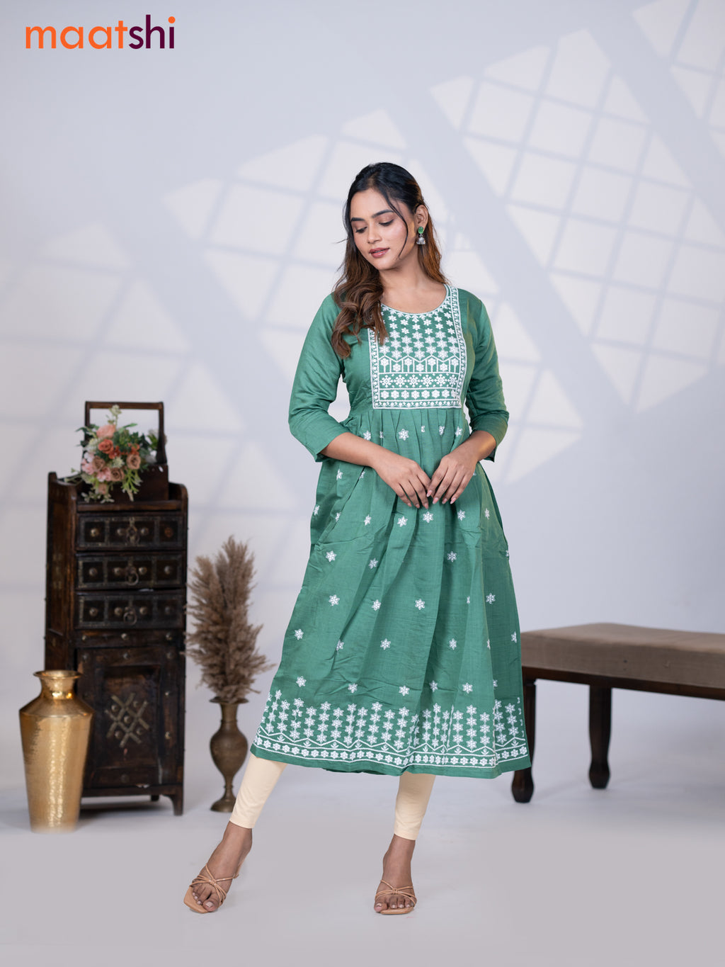 Rayon readymade umbrella kurti pastel green with floral embroidery butta & embroidery work neck pattern without pant
