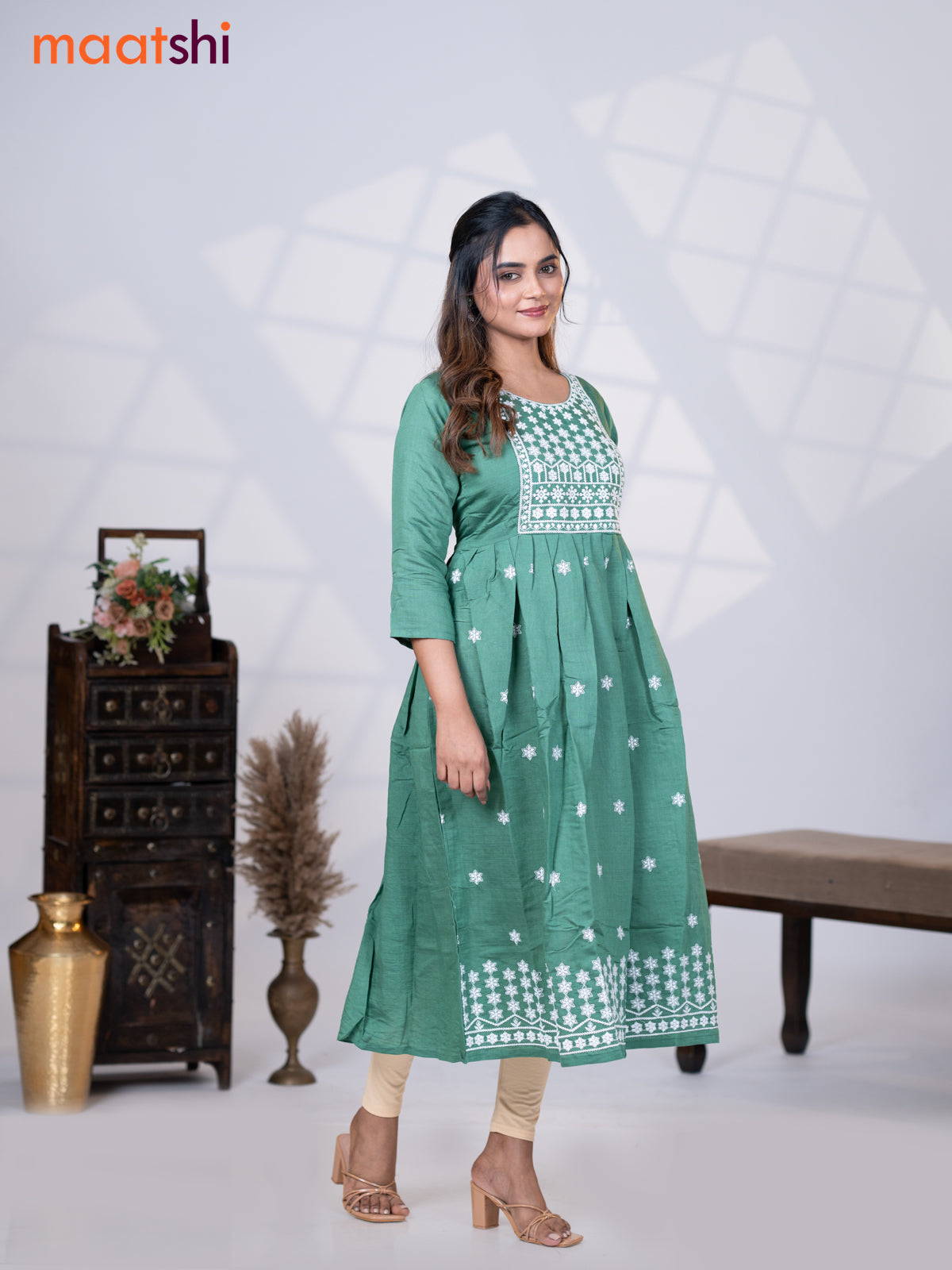 Rayon readymade umbrella kurti pastel green with floral embroidery butta & embroidery work neck pattern without pant