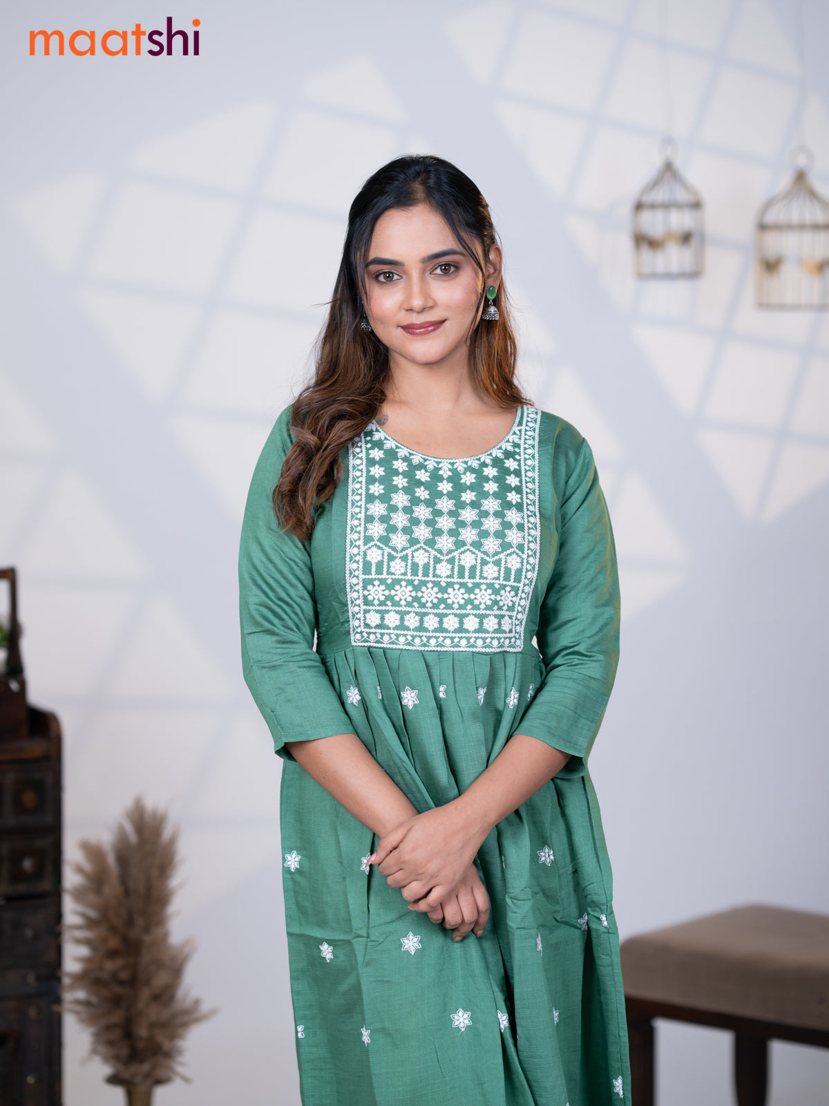 Rayon readymade umbrella kurti pastel green with floral embroidery butta & embroidery work neck pattern without pant