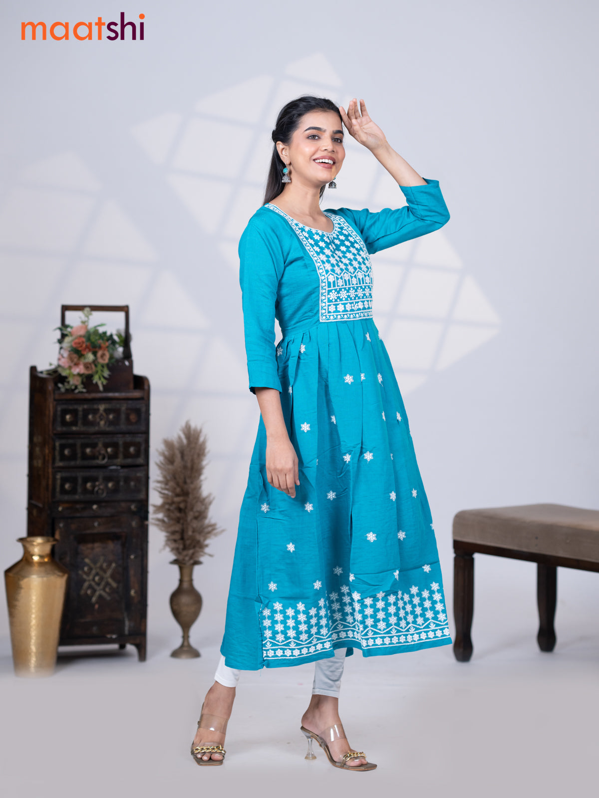 Rayon readymade umbrella kurti teal blue with floral embroidery butta & embroidery work neck pattern without pant
