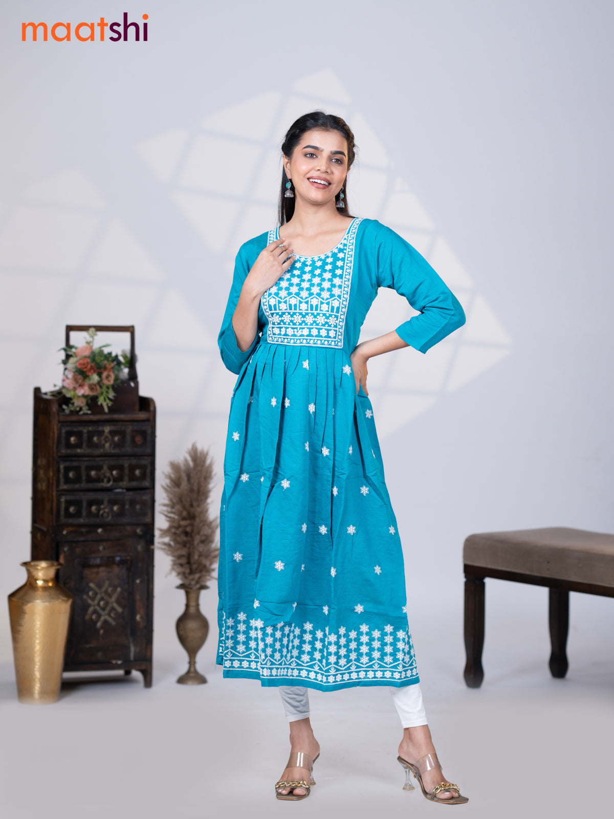 Rayon readymade umbrella kurti teal blue with floral embroidery butta & embroidery work neck pattern without pant