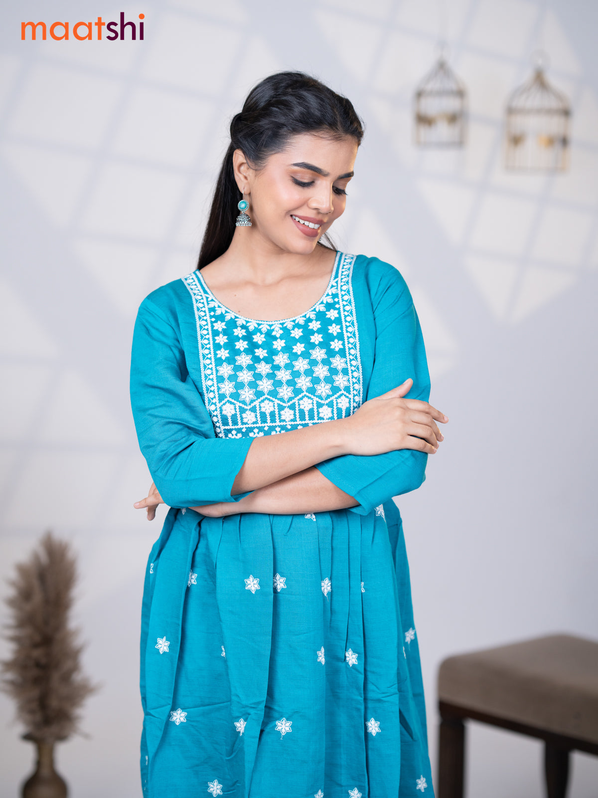 Rayon readymade umbrella kurti teal blue with floral embroidery butta & embroidery work neck pattern without pant