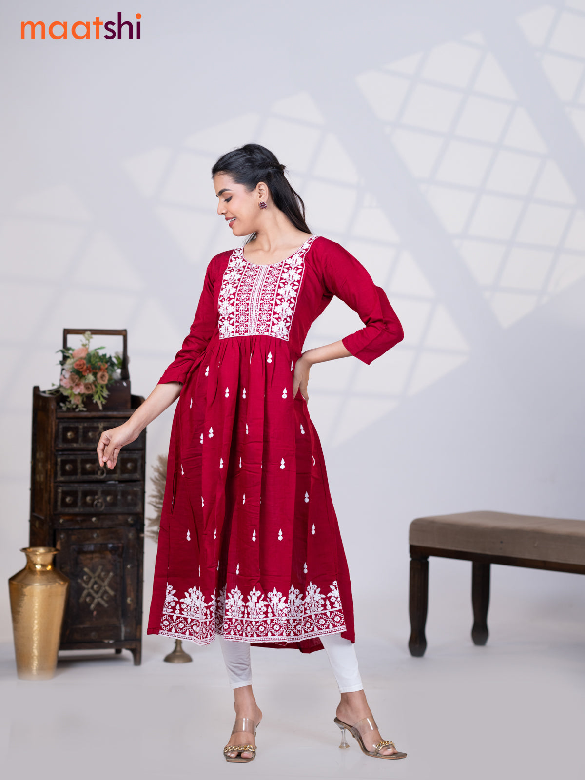 Rayon readymade umbrella kurti maroon with embroidery butta & embroidery work neck pattern without pant