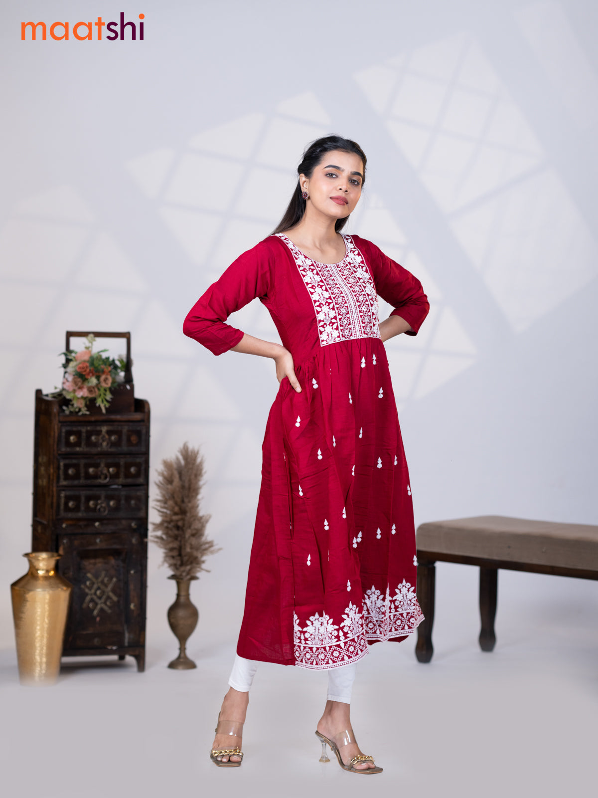 Rayon readymade umbrella kurti maroon with embroidery butta & embroidery work neck pattern without pant