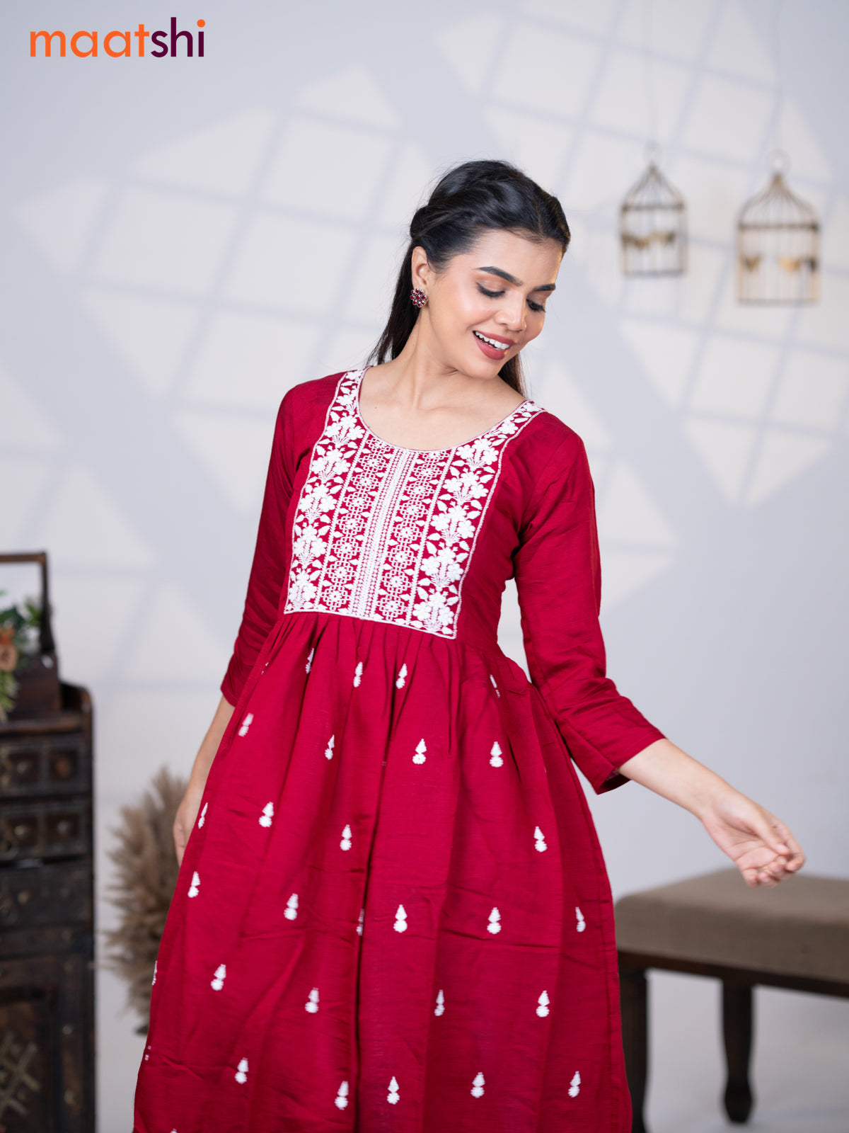 Rayon readymade umbrella kurti maroon with embroidery butta & embroidery work neck pattern without pant