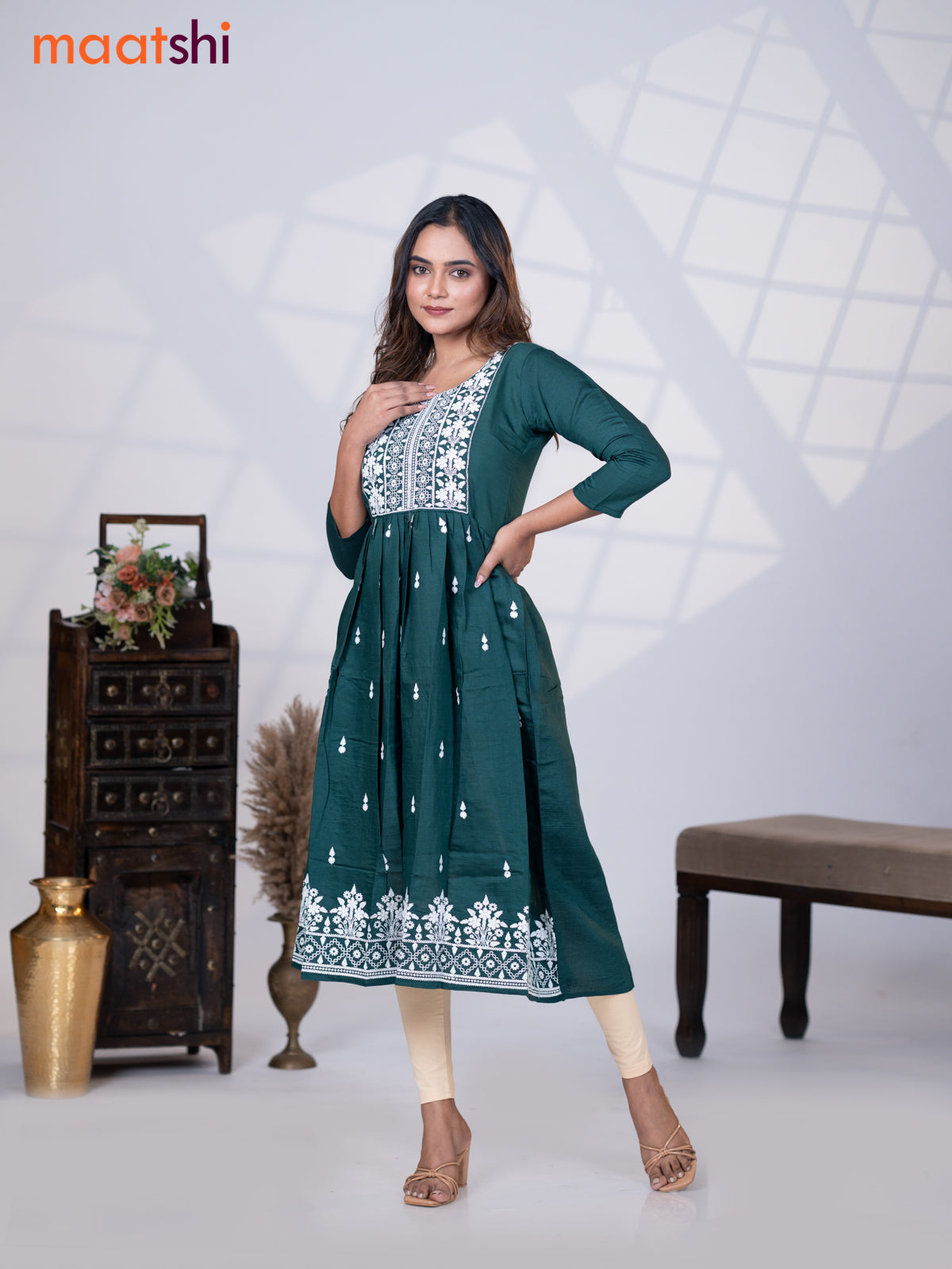 Rayon readymade umbrella kurti dark green with embroidery butta & embroidery work neck pattern without pant