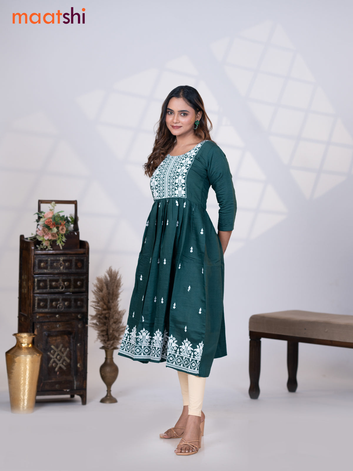 Rayon readymade umbrella kurti dark green with embroidery butta & embroidery work neck pattern without pant
