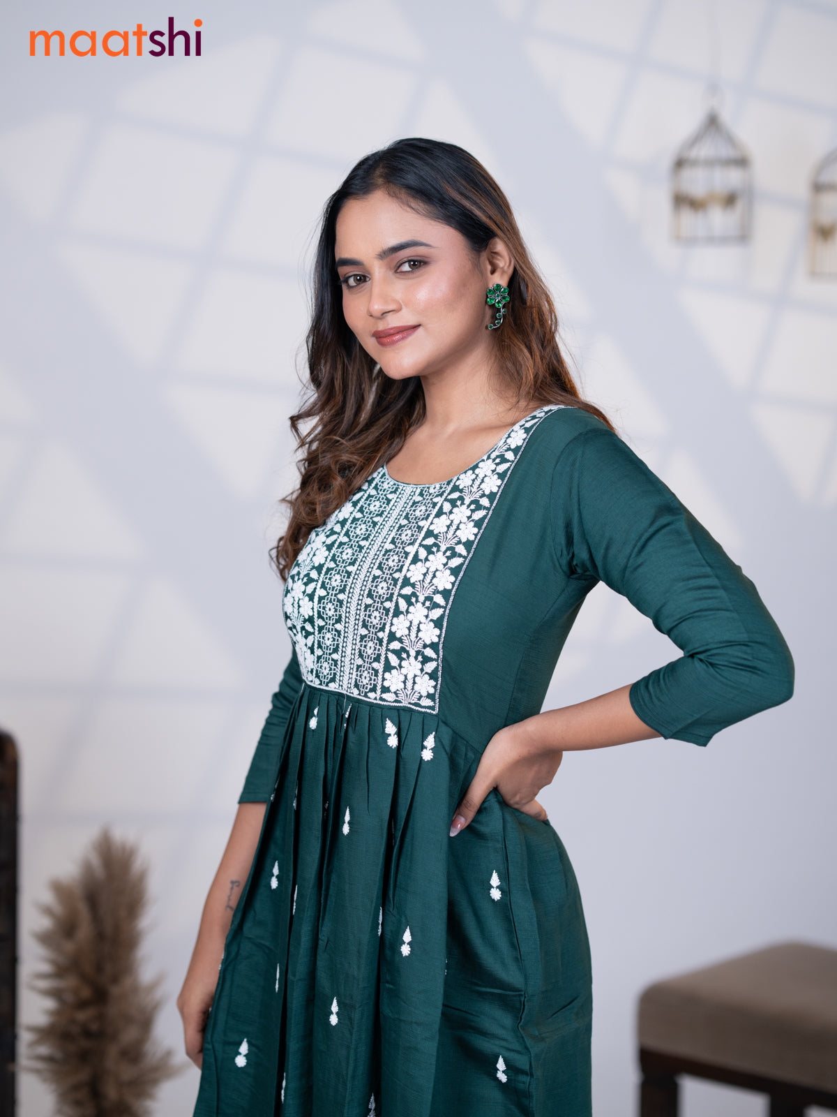 Rayon readymade umbrella kurti dark green with embroidery butta & embroidery work neck pattern without pant